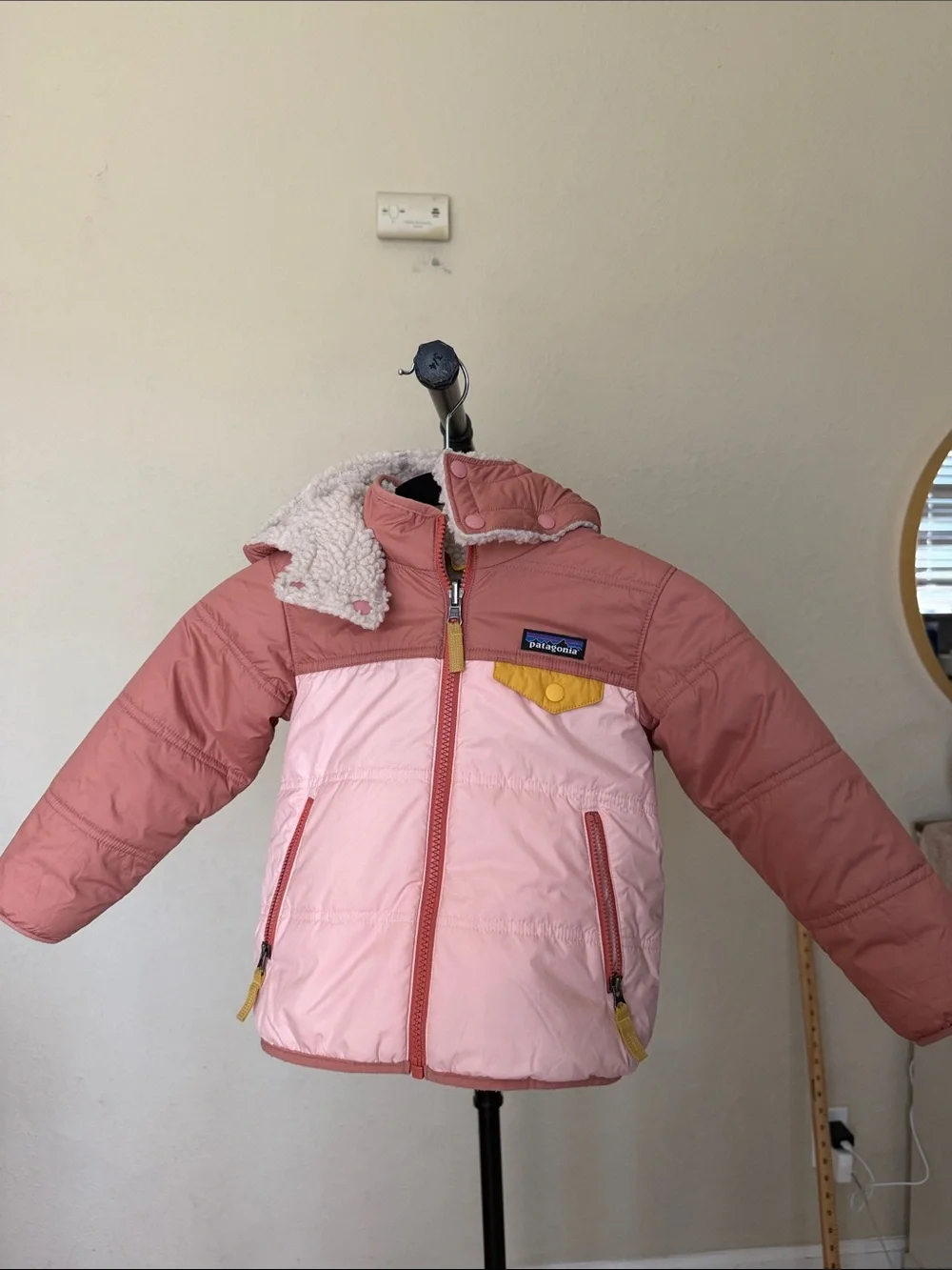 Patagonia Tribbles Reversible Jacket pink salmon mustard girl size 3T